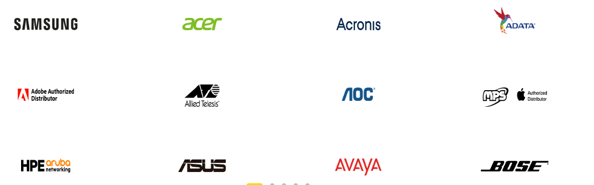 Marcas distribuidas: Samsung, Acer, Acronis, Adata, Adobe, Allied Telesis, AOC, Apple, Aruba, Asus, Avaya y Bose
