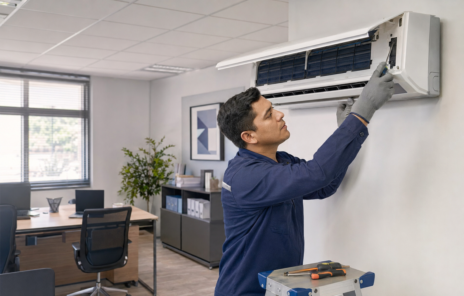 Técnico realizando mantenimiento a un aire acondicionado en una oficina