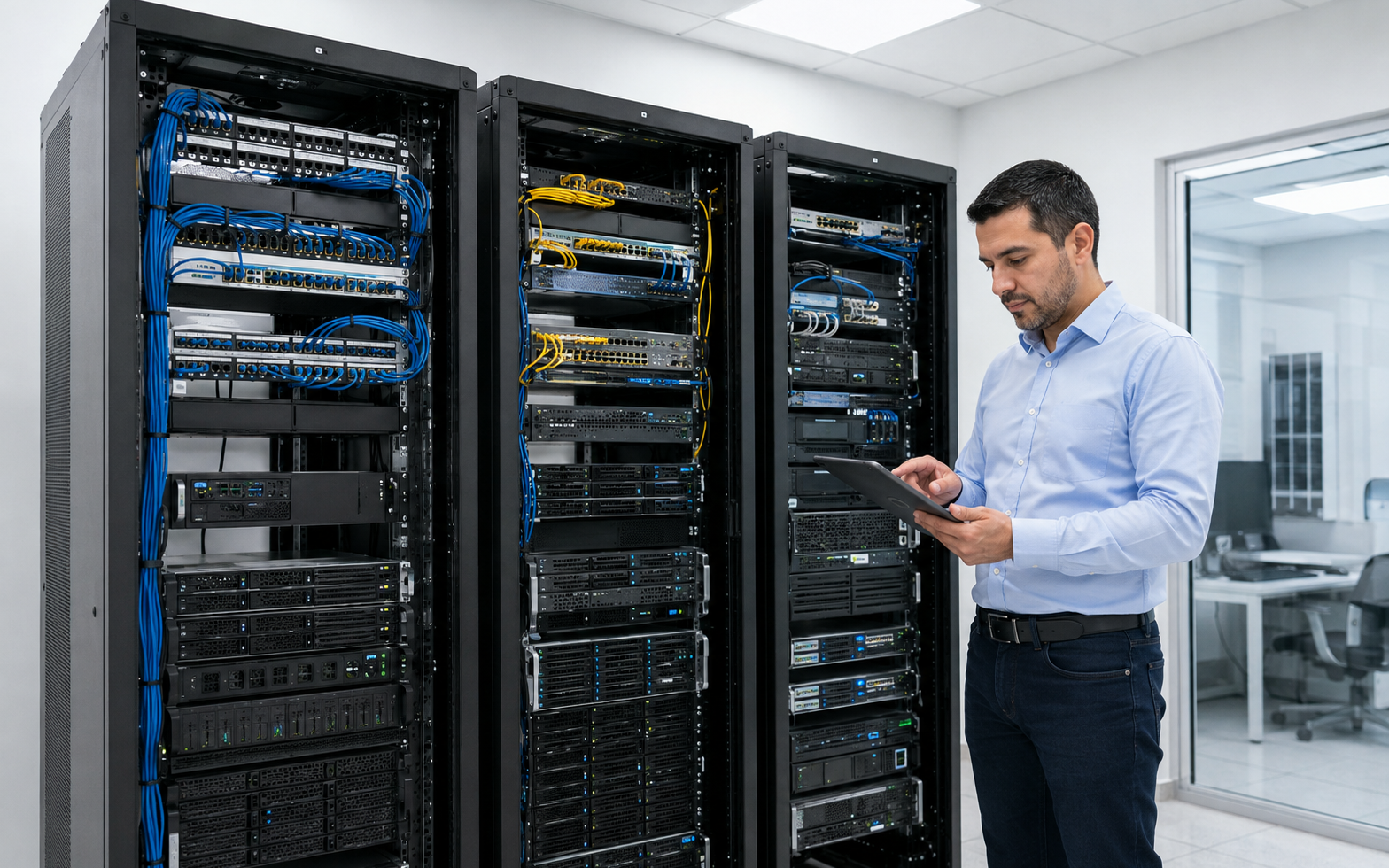 Técnico evaluando un centro de cómputo luminoso de una empresa mediana