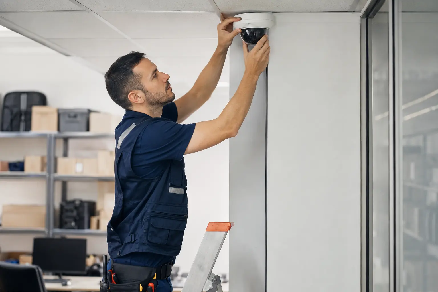 Técnico instalando una cámara de seguridad en una empresa