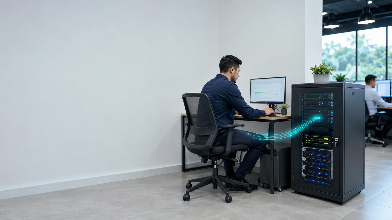 Técnico recuperando los sistemas de una empresa desde una copia de seguridad